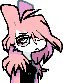 an anthropomorphic pink bunny. she is wearing glasses and looks kind of emo.